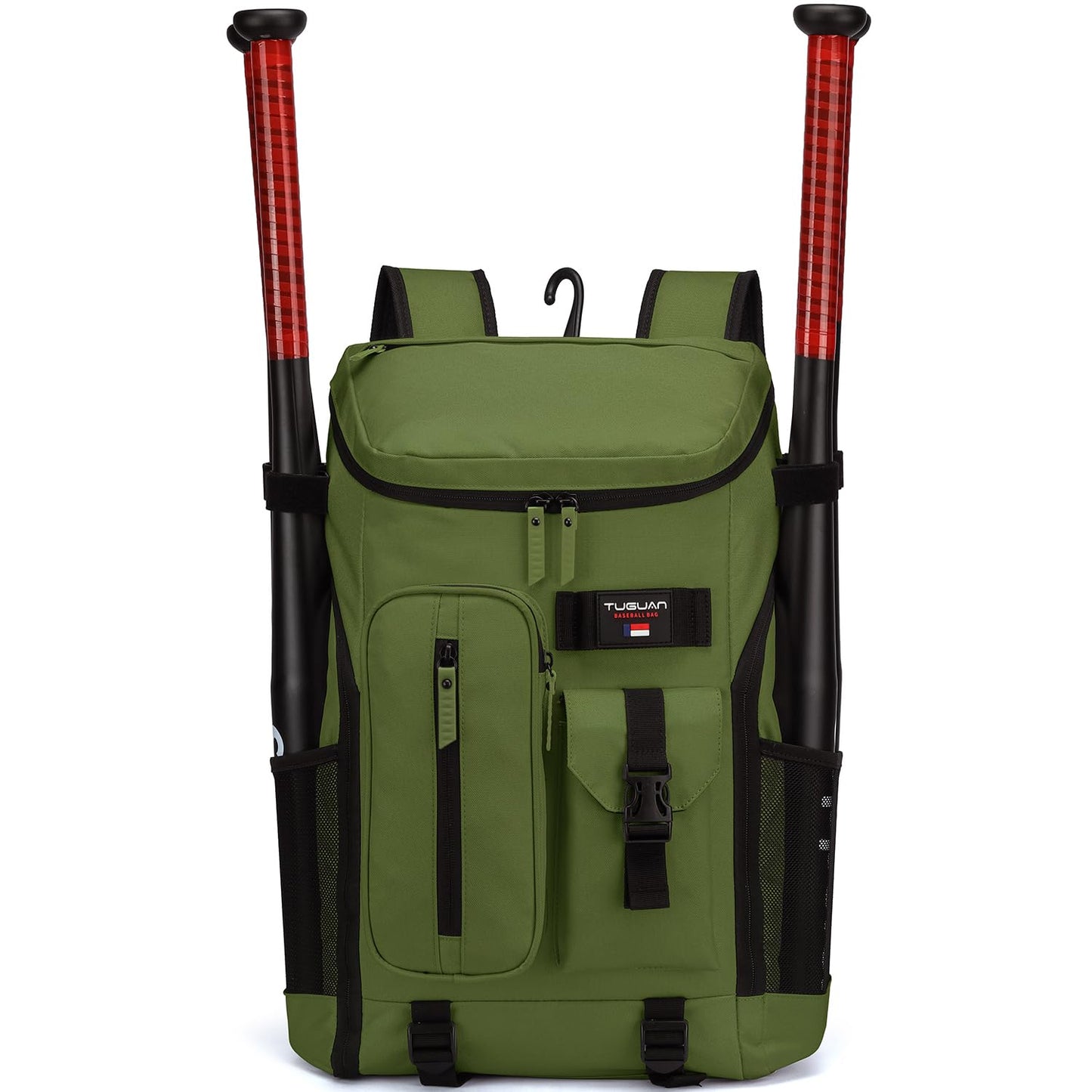 TUGUAN Baseball Backpack Equipment Bag for Adult with 4 Bat Holder & Fence Hook Lightweight mens Softball Bag with Shoes Compartment Coaches Catchers Team Baseball Gear Bags Youth Boys Green