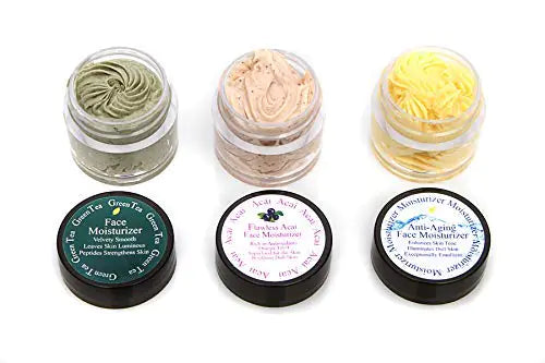 3-1/4 oz Sample Size Face Moisturizers. Anti-Aging Green Tea Moisturizer and Acai Face Moisturizer. Great for Mature Skin to help Smooth Wrinkles.