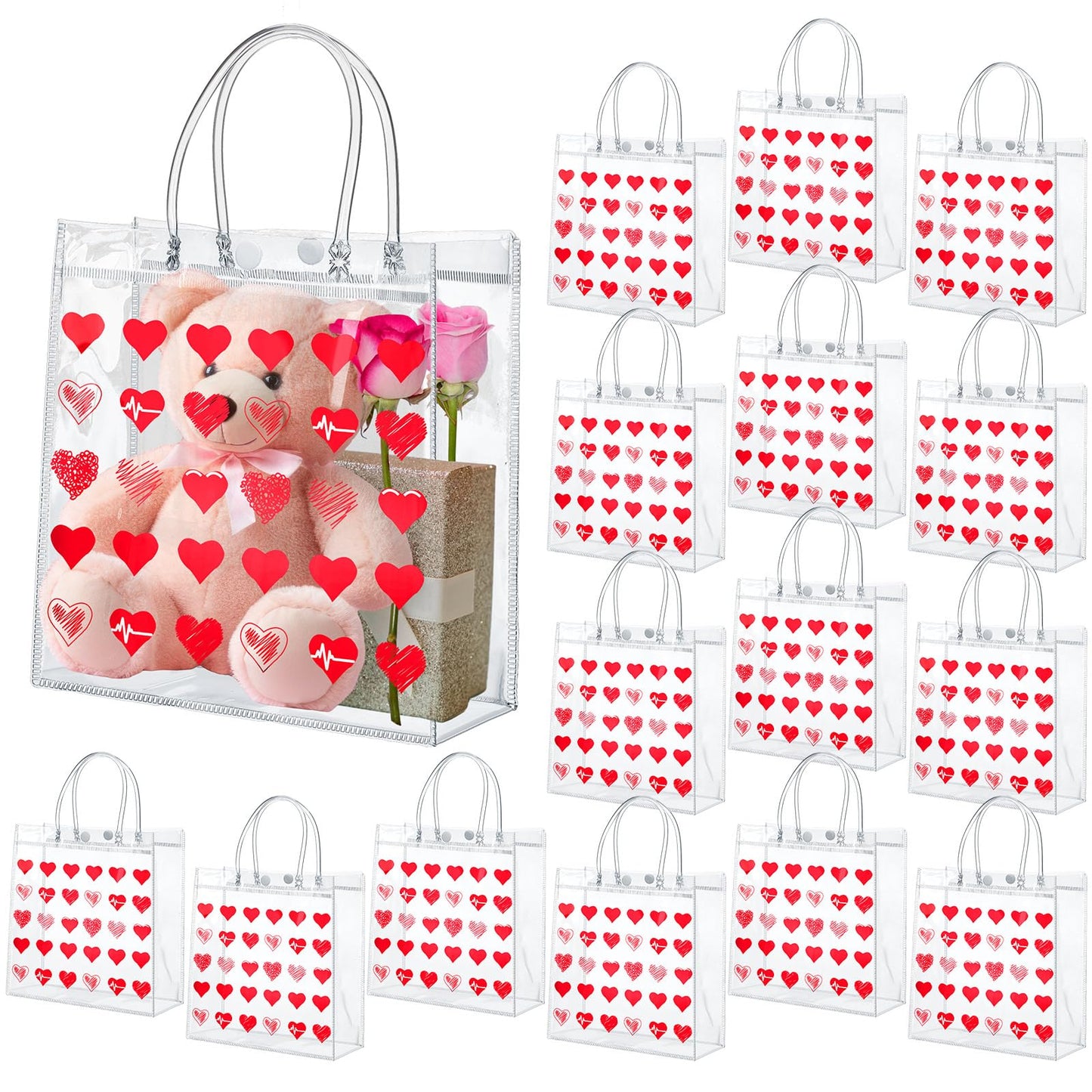 Uiifan 24 Valentines Day Clear PVC Gift Bags Valentines Transparent Hearts Bags Heart Sayings Gift Bags with Handle Galentines Day Gifts Reusable Gift Wrap Tote Bags(Red)