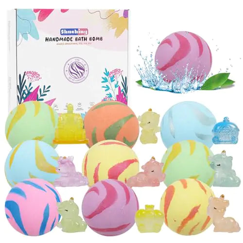 9 Pack Organic Bath Bombs for Girls Bath Bombs with Surprise Unicorn Toys Inside Birthday Easter Gifts Set for Kids