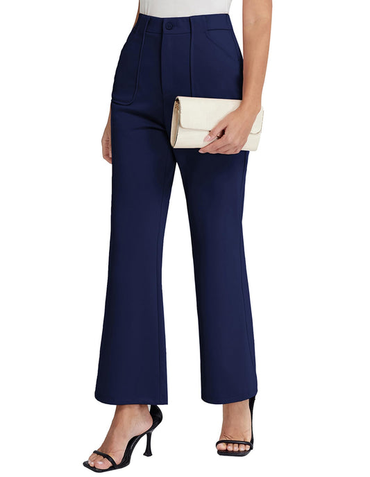 Womens Casual Work Pants High Waisted Business Trousers Flare Lounge Trendy Slacks with Pockets Navy Blue XL