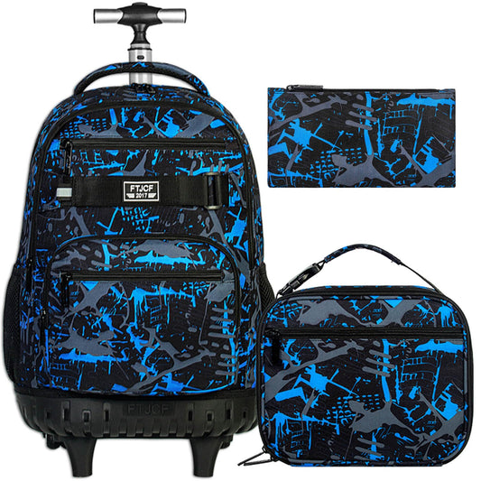 ZLYERT 3Pcs Rolling Backpack for Boys Men Travel Roller Backpacks with Wheels for Adults Teens College Graffiti Wheeled Bookbag with Lunch Box(Blue)