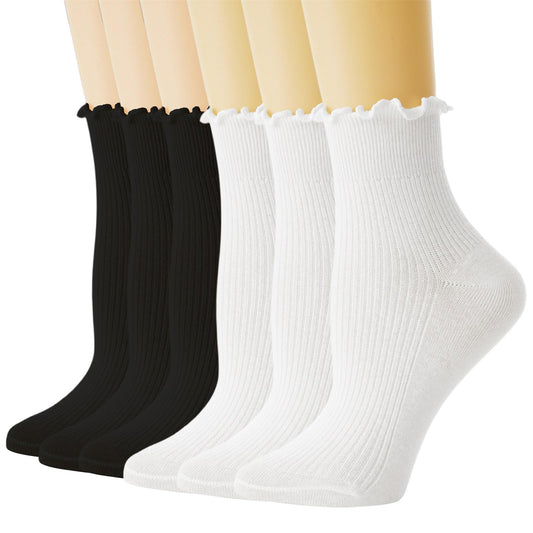 TOAMOUR Womens Ruffle Socks 6 Pairs Turn-Cuff Crew Socks Cotton Frilly Ankle Socks White Lettuce Edge Boot Socks