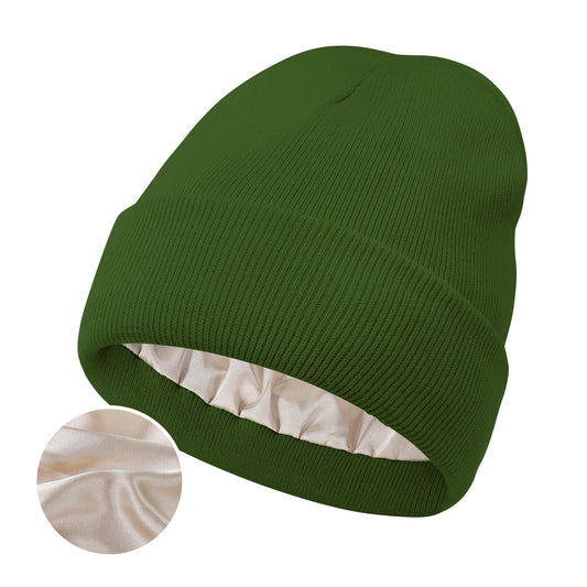 Satin Lined Winter Beanie Hats for Women Knit Beanie Hat Slouchy Skull Caps Silk Lining Unisex Hats Green