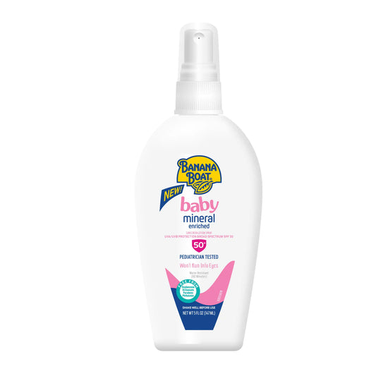 Banana Boat Baby Mineral Enriched Sunscreen Spray SPF 50 5oz | Banana Boat Baby Sunscreen Spray Sunscreen for Babies Oxybenzone Free Sunscreen Banana Boat Pump Spray Sunscreen SPF 50 5oz