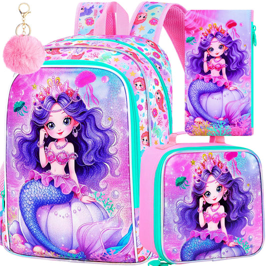 TXHVO 3Pcs Mermaid Backpack for Girls 16" Kids Bookbag with Lunch Box School Backpacks Set for Elementary Preschool Kindergarten(Pink)