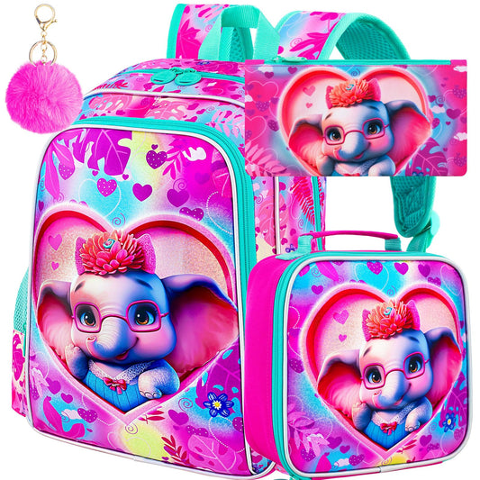TXHVO 16" Girls Backpack 3Pcs Elephant School Bookbag with Lunch Box Kids Backpacks for Elementary Preschool Kindergarten(Pink)