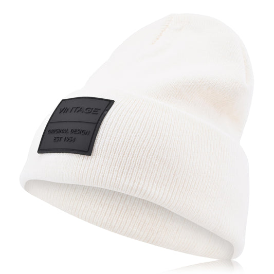 VINTAGE HAVANA Off White Beanie Hats Men & Women | Warm Winter Hat Knit Cuffed Beanies Unisex | Vintage Patch Beanie