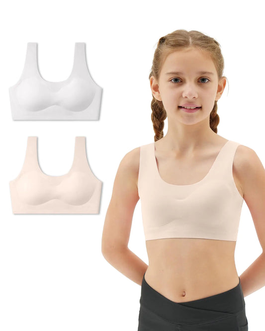Sascina Training Bras for Girls 8-10 Seamless Teen Girls Sports Bras Ultra Comfort Soft Tween Bras 10-16 Removeable Padding Nude+Light Gray