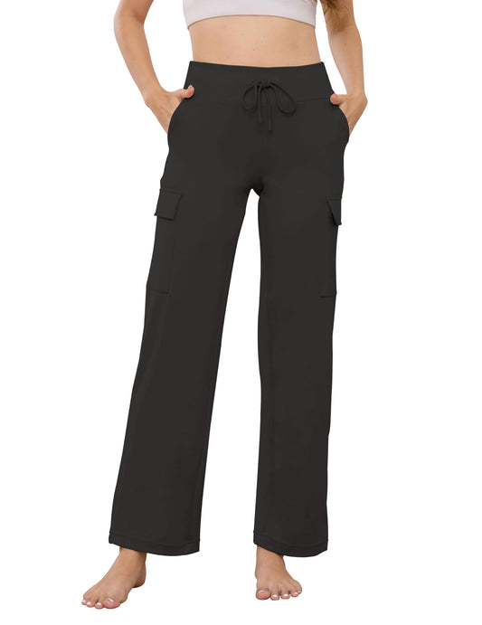 Wide Leg Cargo Yoga Pants for Women Stretchy Pull On Drawstring Yoga Pants Woman Gym Casual Lounge Workout with 4 Pockets Slacks 29" Black S