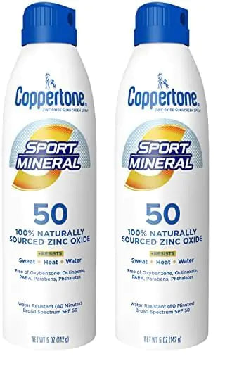 Coppertone SPORT Sunscreen Spray SPF 50 Zinc Oxide Mineral Sunscreen Water Resistant Spray Sunscreen SPF 50 5 Oz Spray (Pack of 2)