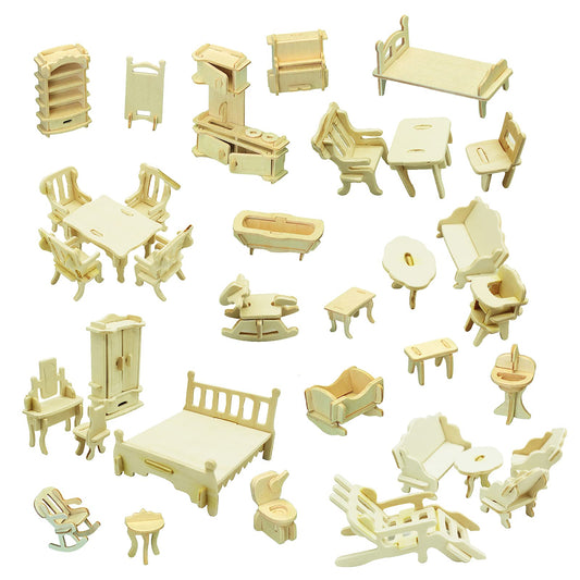 Small FurnitureDollhouse Furniture and Accessories 34PCS Wooden Dollhouse Furniture Set 3D Puzzle Miniature Puzzle Doll House Furniture Kit Puzzle Gift for Kids Teens and Adults