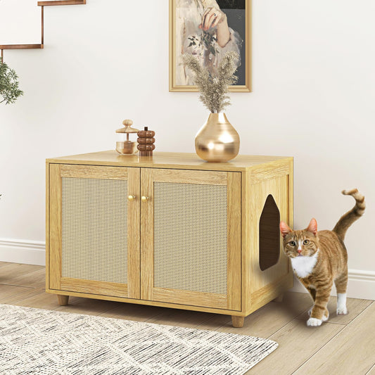 COSLIANA Cat Litter Box Enclosure Rattan Litter Box Hidden Furniture Indoor Cat House Wooden Cat Washroom Furniture Oak