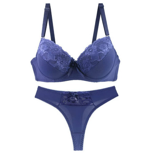 Womens Push Up Padded Bras Set Lace Lingerie Bras and Panties Sets Blue