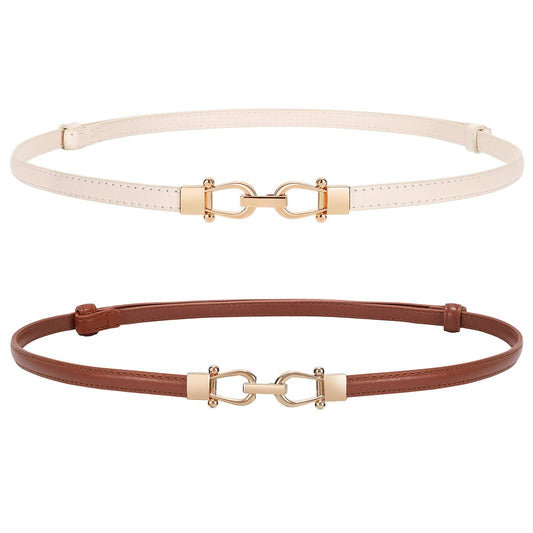WERFORU Women 2 Pack Skinny Belt for DressThin Waist Belt - Adjustable Leather Belt with Gold Buckle