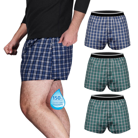 TIICHOO Mens Incontinence Underwear Washable Regular Absorbency Leakproof Underwear Boxers Pack of 3 (Small 2 Green/Blue)