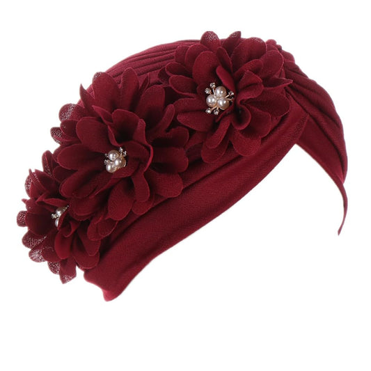 YYAOJHAO Women Flower Turban Hats - Ruffle Pre Tied Headwrap Caps Chemo Beanies Hijab Headscarf for Cancer Patient Hair Loss Wine