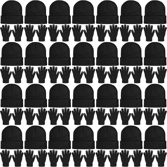 SATINIOR 56 Pieces Bulk Winter Hats Winter Beanies Touchscreen Gloves Combo Pack Knitted Cuffed Skull Caps Bulk Pack for Men Women Black