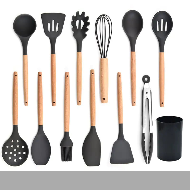 Silicone Kitchenware Set with Wooden Handles