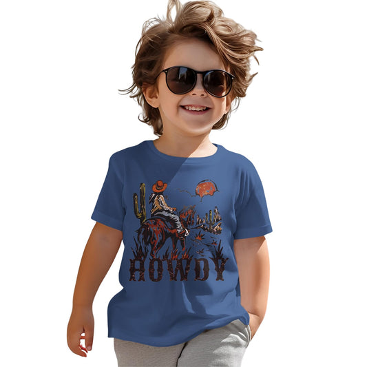 AG AGUU Howdy Shirts Toddler Baby Boys Rodeo Cowboy T-Shirt Western Retro Graphic Summer Tees Short Sleeve Tops(Blue18-24Months)