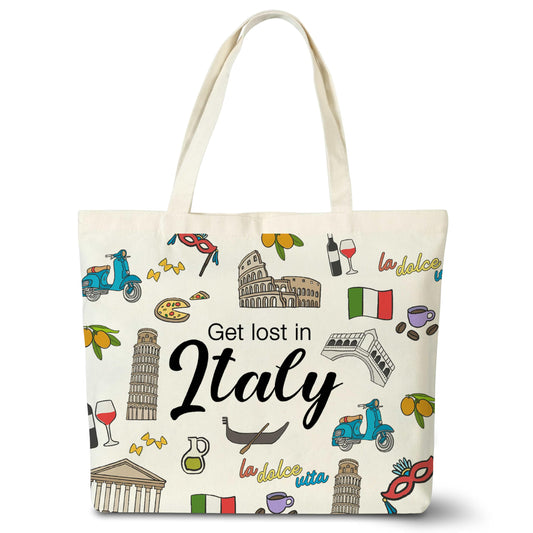 seclate Canvas Tote Bag Italy Travel Gift Tote Bags for Women Reusable Cloth Cotton Bags for Travel Shopping Beach Italy Lover Gifts - F03