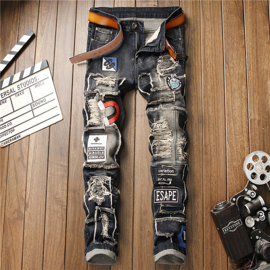 Ripped Men's Jeans with Badge Patch Detail