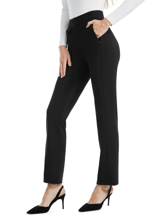 AFITNE Womens Yoga Dress Pants High Waisted Pull On Stretchy Straight Leg Slacks Office Business Casual Work Pants with Pockets 29" Black M