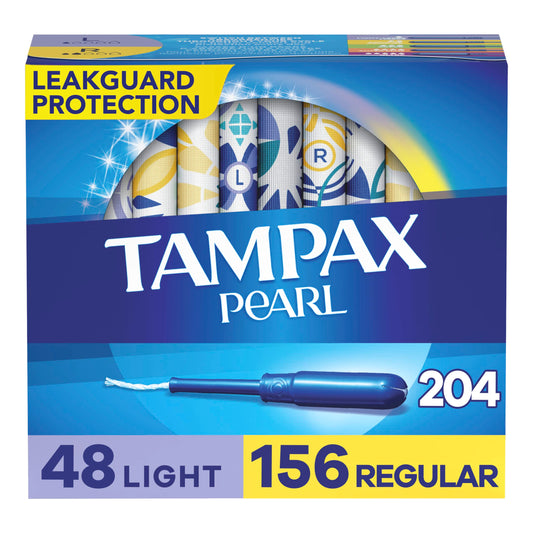 Tampax Pearl Tampons Multipack Light/Regular Absorbency With Leakguard Braid Unscented 34 Count X 6 Packs (204 Count Total)