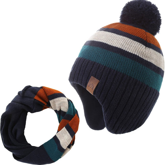 AHAHA Boys Winter Hat Baby Beanies with Earflap Upgrade Fleece-Lined Skiing Toddler Hat and Scarf Set