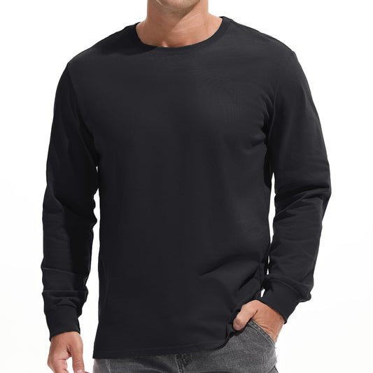 VEIISAR Mens Heavy Weight Crew Neck Long Sleeve T Shirt - Mens 100 Cotton Thick Pre Shrunk Shirts Black M