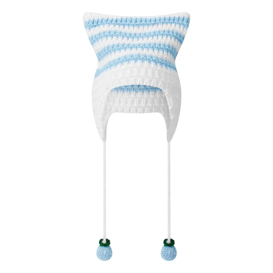 Yoawdats Crochet Knit Hats for Women Cute Cat Ear Grunge Goth Autumn Winter Soft Warm Ear Protector Y2K Drawstrings Beanies (Blue One Size)