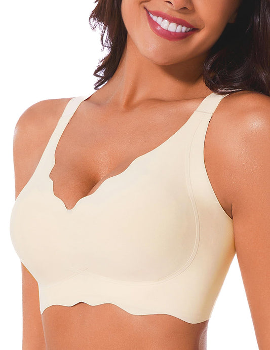 Wavy Wireless Bras for Women Smoothing No Underwire Bralettes with Support Seamless V Neck Womens Bras Comfort T Shirt Bras -BeigeS