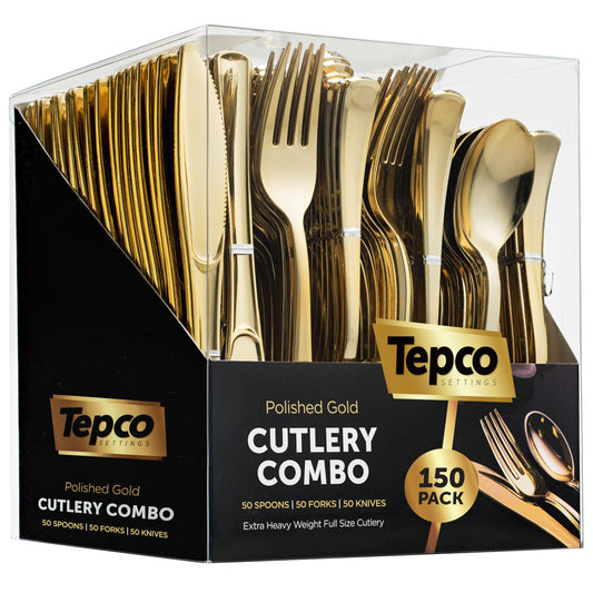 150 Gold Plastic Silverware Set - Plastic Gold Cutlery Set - Disposable Flatware Gold - 50 Gold Plastic Forks 50 Gold Plastic Spoons 50 Gold Cutlery Knives Heavy Duty Silverware for Party Bulk