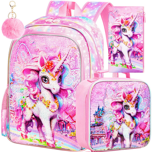 TXHVO 16" Unicorn Backpack 3Pcs Sequin School Bookbag for Girls with Lunch Box Kids Backpacks for Elementary Preschool Kindergarten(Pink)
