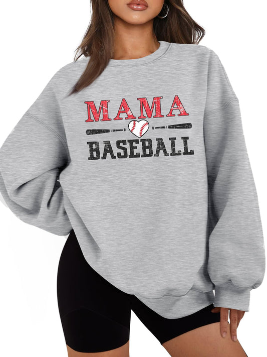 UYIQL Baseball Sweatshirt Women Casual Crewneck Sport Mom Sweatshirts Funny Baseball Mama Letter Print Pullover Tops Light Grey 2XL