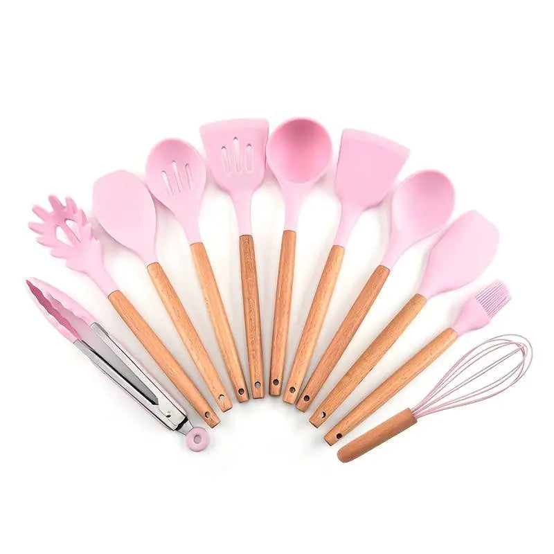 11pcs Wooden Handle Silicone Kitchenware Set