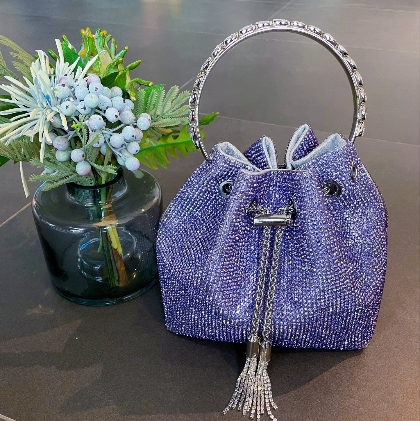Shiny Handbag with Rainbow Tassels and Diamonds