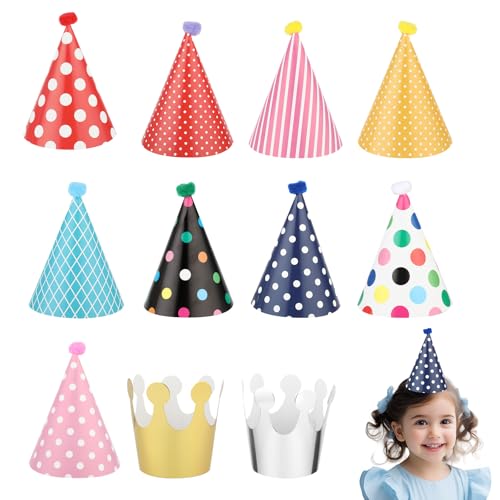 Thinp 11 Pcs Birthday Party HatsParty Hats Set Includes 9 Adorable Party Cone Hats with Pom Poms and 2 Paper Crowns Colorful Mini Birthday Hats Party Hats for Pet Birthday Party Decor
