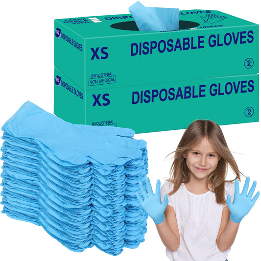 Woanger 200 Pieces Kids Nitrile Gloves Disposable Gloves Kids Cleaning Gloves Blue Household Cleaning Gloves No Latex for Cooking Gardening Crafting Painting Cooking Cleaning (X-Small)