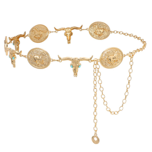 WHIPPY Women Concho Chain Belt Boho Chain Belt for Dresses Jeans Western Cowgirl Waist Belt Metal Concho Belt Gold Bull Head Chain M