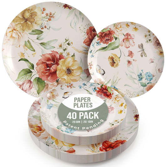Trendables Floral Paper Plates 40 Pcs Fancy Disposable Plates for Party Set - 20 Guests 20 X 8 Small Paper Plates Dessert Plates & 20 X Large Paper Plates 10 Inch Paper Plates Bulk | Aviv