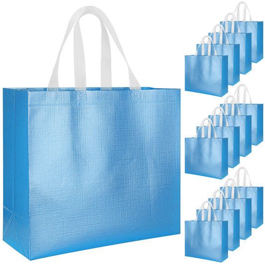 Rikkmte 12Pcs Reusable Gift BagsBlue Glossy Tote Bags with HandleGlossy Finish Grocery BagNon-woven Shopping BagsFoldable Bridesmaids Bags Gift Bags for Women Bridesmaid Wedding Birthday Party