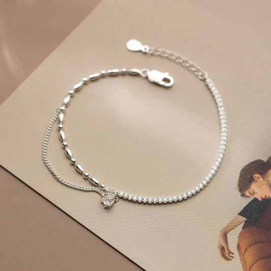 Simple Asymmetrical Silver Bracelet with Diamonds