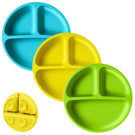 Vicloon Suction Plates for Baby 3PCS 100% Silicone Suction Plates Baby Plates With Suction BPA Free Suction Plates for Toddlers Divided Plate Design Toddler Plates Dish Microwave & Dishwasher