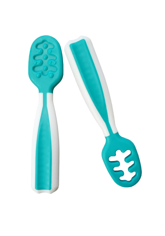 Baby Spoons Feeding Littles Silicone Pre-Spoon for Kids Aged 6+ Months - First and Second Stage Spoons Baby Led Weaning Teething Spoons Infant Feeding - Toddler Utensils - 2 Spoons Teal/White