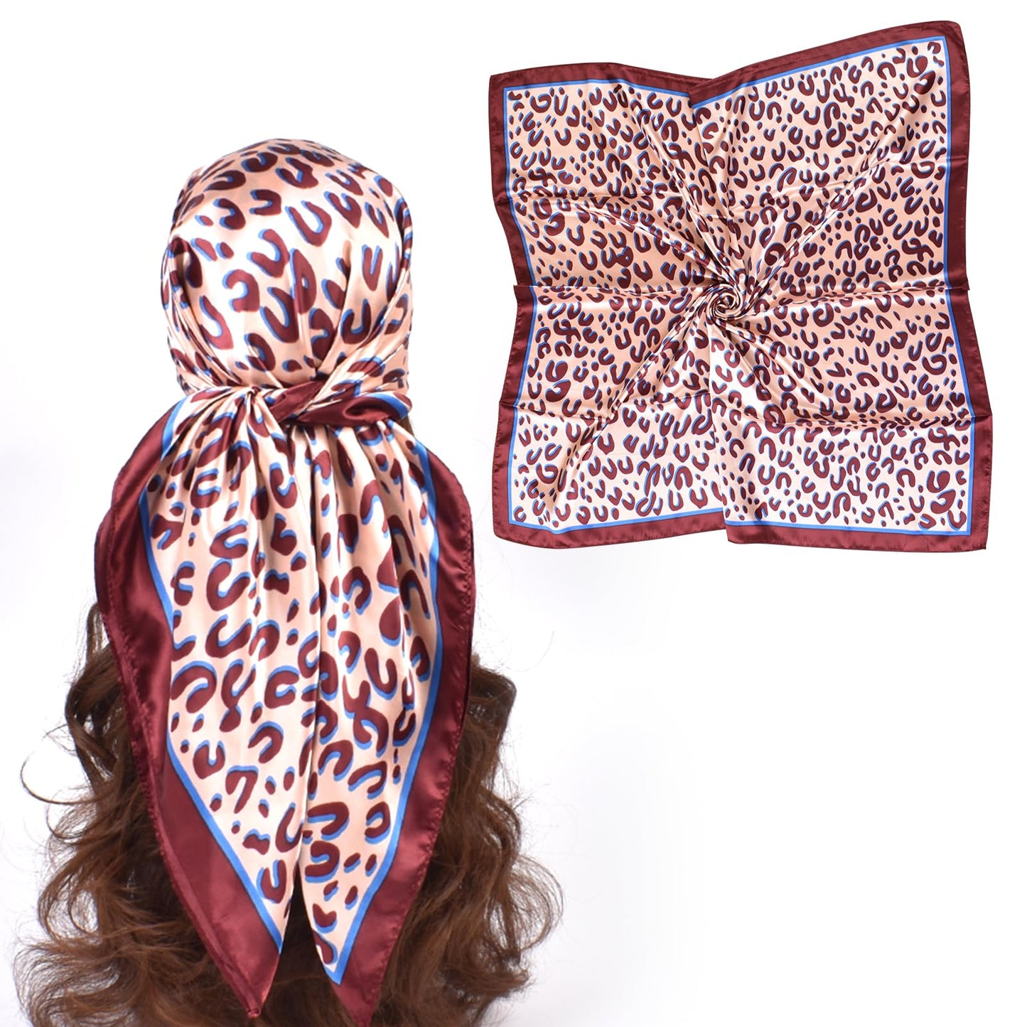 EIysee 35 Inches Silk Head Scarf-Satin Hair Scarves Silk Bandana Scarf Headscarf Silk for Womens Fashion Scarves (Wine red-Leopard print)