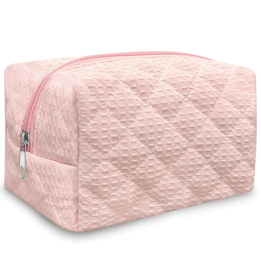 Trnerm Small Makeup Bag Quilted Cosmetic Bag Coquette Makeup Pink Waffle Pouch Makeup Organizer Small Travel Makeup Bag Travel Toiletry Bag for Women Girls