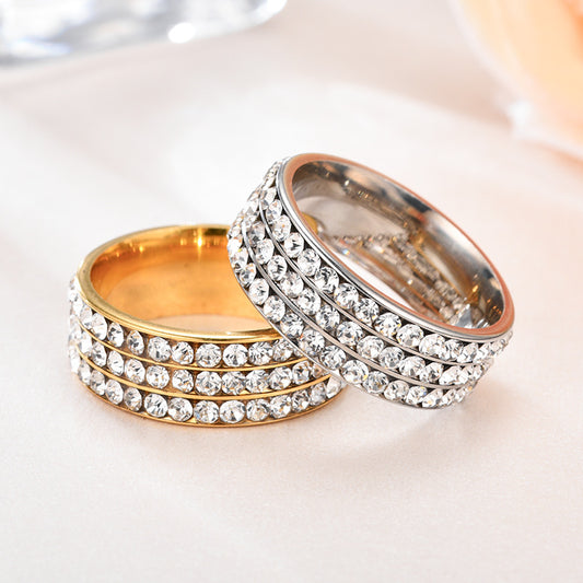 Stainless Steel Women's Fashion Ring with Diamonds
