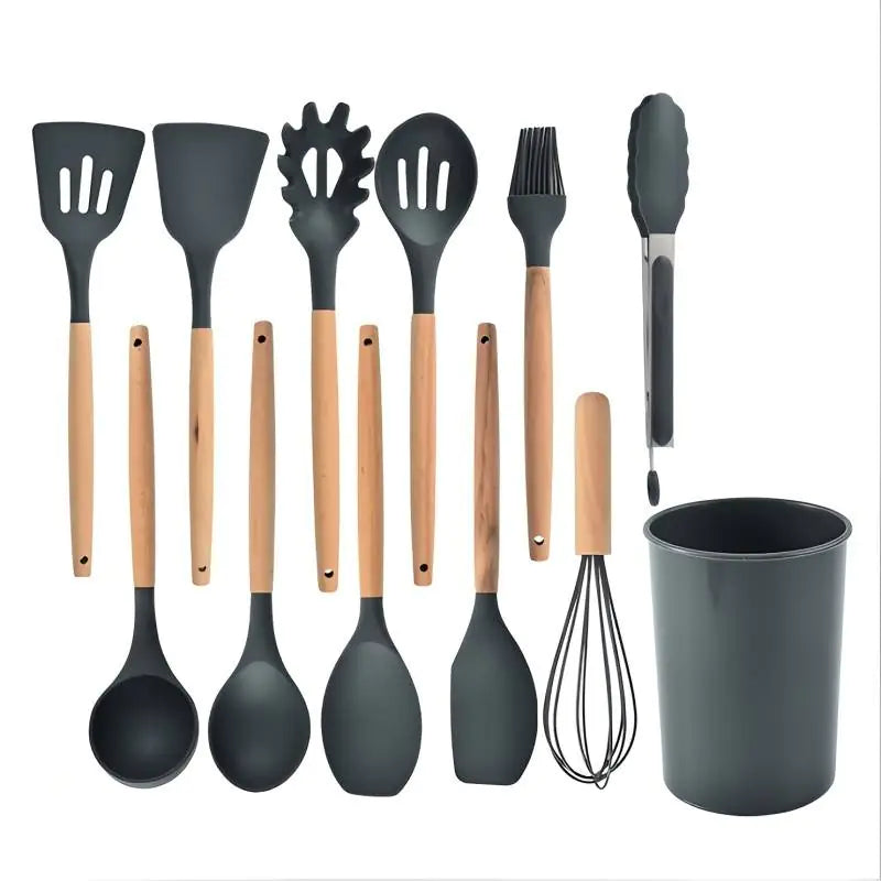 11pcs Wooden Handle Silicone Kitchenware Set