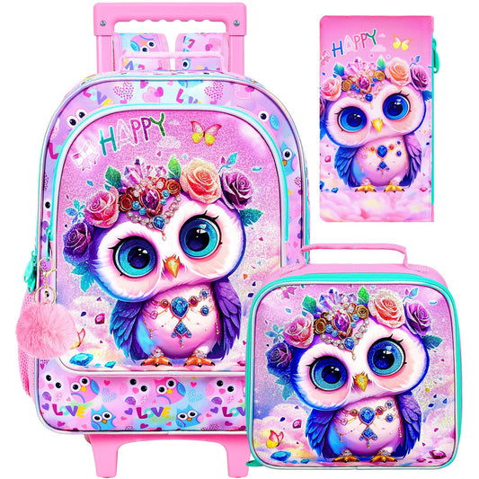 ZLYERT 3Pcs Rolling Backpack for Girls Owl Kids School Backpacks with Wheels Roller Bookbag with Lunch Box for Elementary Preschool(Pink)